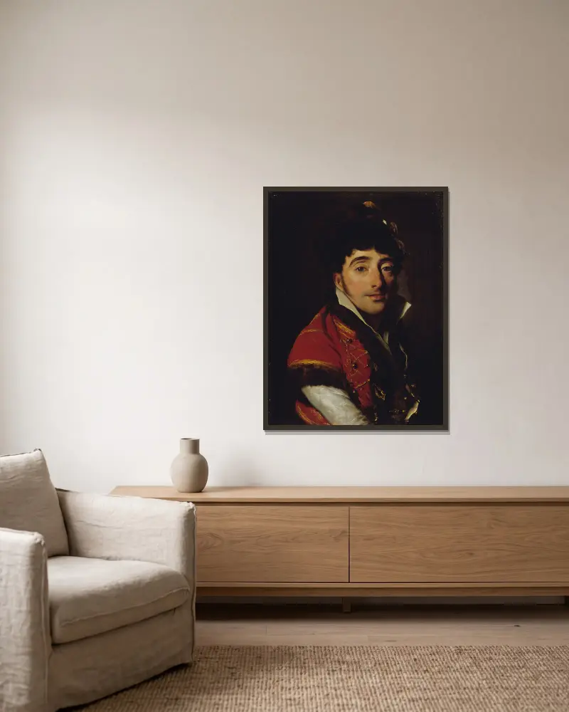 Portrait d’un acteur, en veste rouge bordée de fourrure av Louis-Léopold Boilly inramad på en vägg