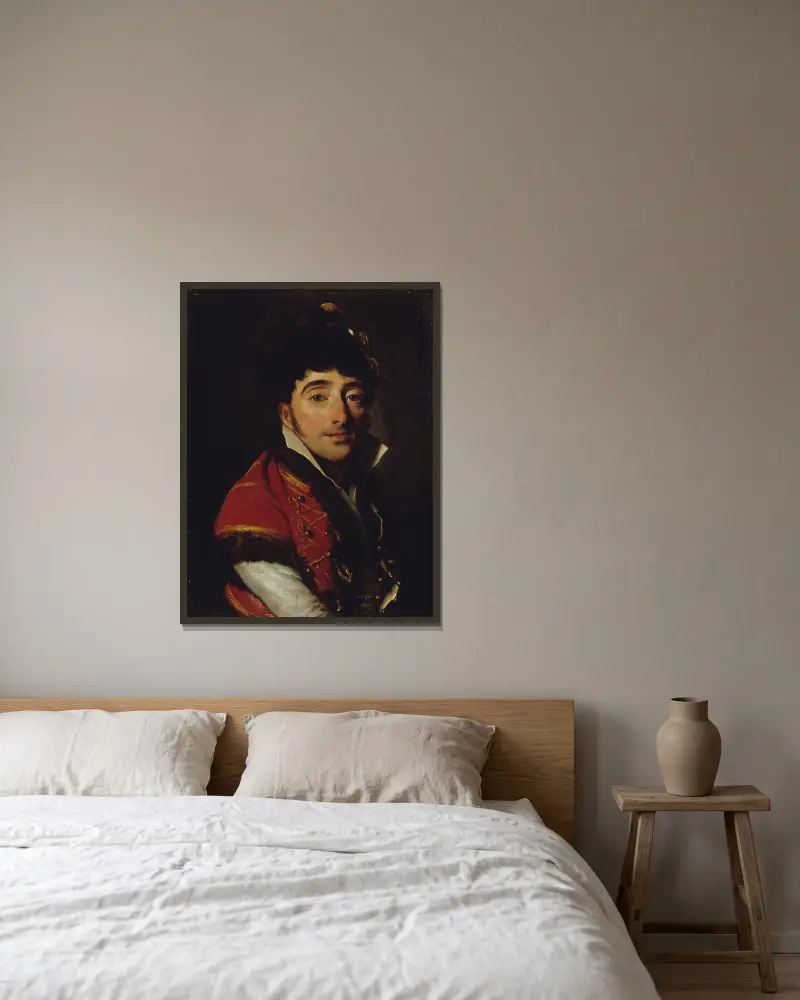 Portrait d’un acteur, en veste rouge bordée de fourrure av Louis-Léopold Boilly inramad på en vägg