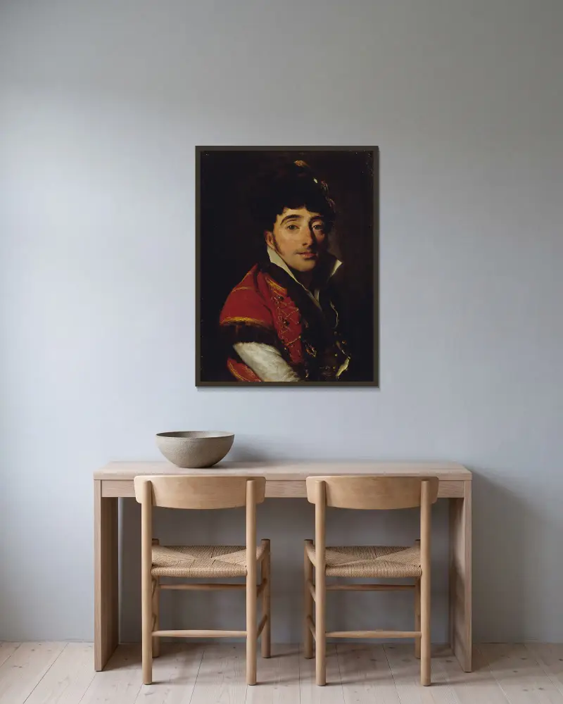 Portrait d’un acteur, en veste rouge bordée de fourrure av Louis-Léopold Boilly inramad på en vägg