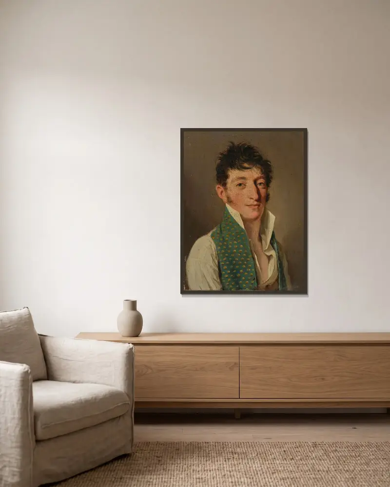 Bildnis eines Mannes in einer grün gemusterten Weste von Louis-Léopold Boilly gerahmt an einer Wand