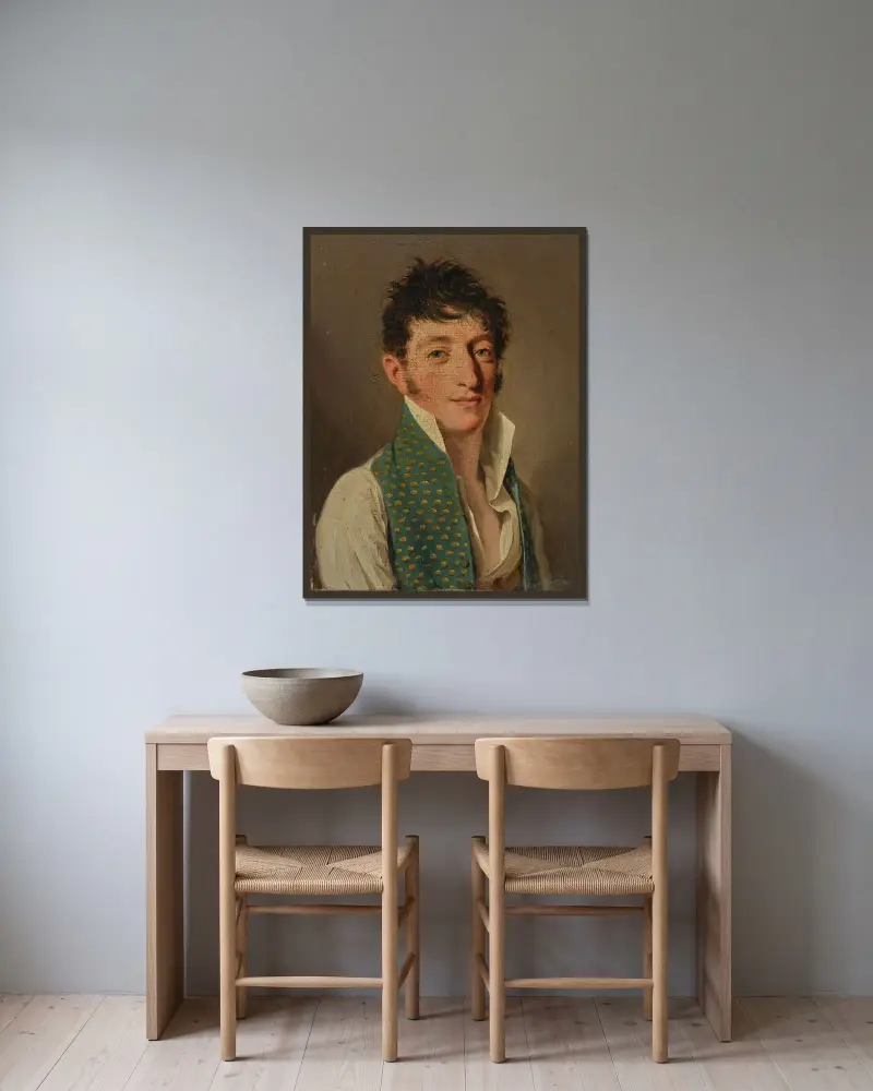 Bildnis eines Mannes in einer grün gemusterten Weste von Louis-Léopold Boilly gerahmt an einer Wand
