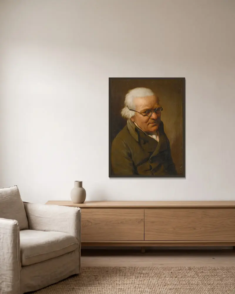 Porträtt av en vithårig man, halvfigur, med glasögon av Louis-Léopold Boilly inramad på en vägg