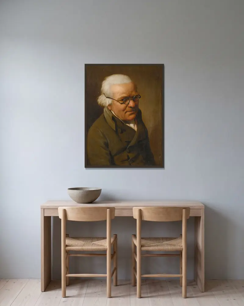 Porträtt av en vithårig man, halvfigur, med glasögon av Louis-Léopold Boilly inramad på en vägg