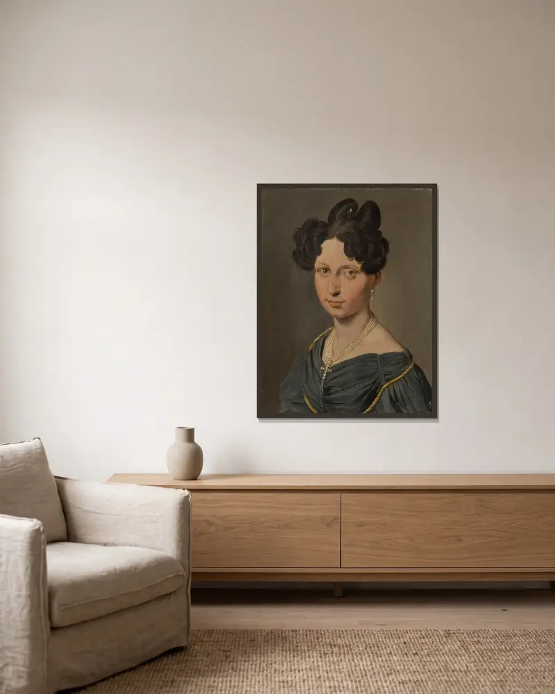 Bildnis einer Frau in einem schwarzen Kleid von Louis-Léopold Boilly gerahmt an einer Wand