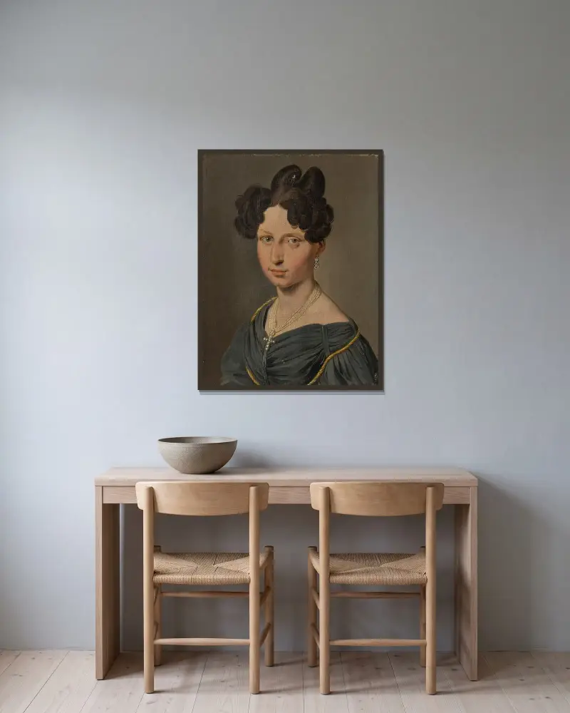 Bildnis einer Frau in einem schwarzen Kleid von Louis-Léopold Boilly gerahmt an einer Wand