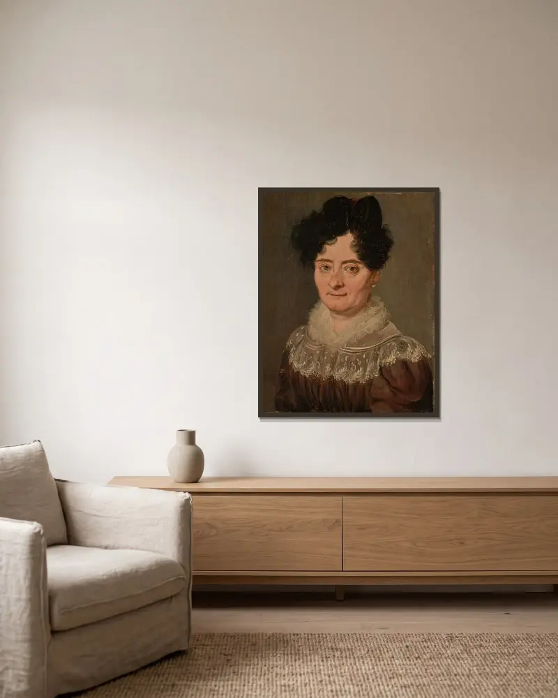 Portret kobiety w brązowej sukni z koronką, Louis-Léopold Boilly w ramie na ścianie