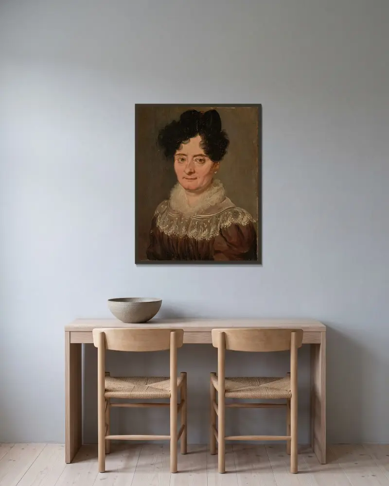Portret kobiety w brązowej sukni z koronką, Louis-Léopold Boilly w ramie na ścianie