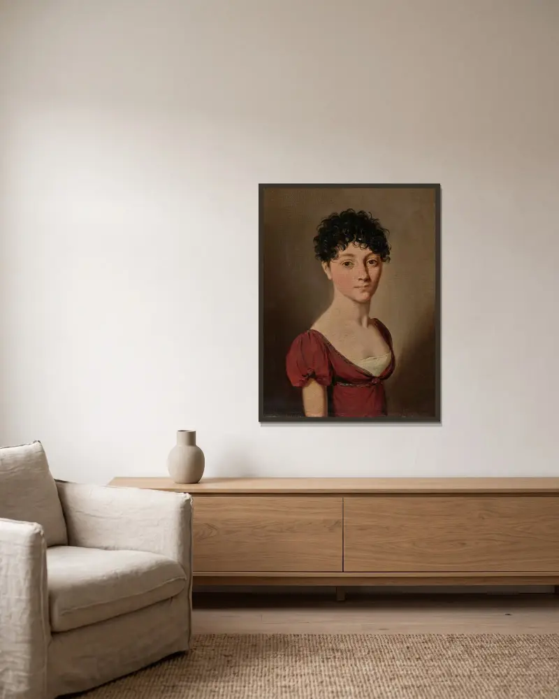 Porträt einer Frau in einem roten Kleid von Louis-Léopold Boilly gerahmt an einer Wand
