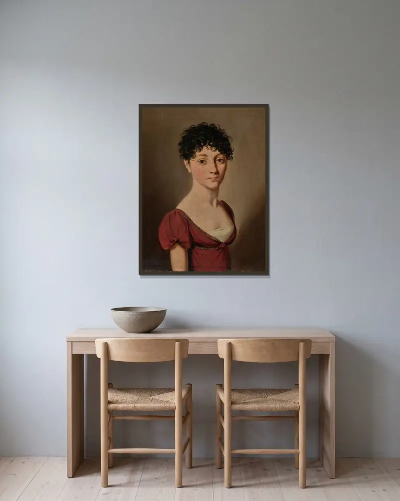 Porträt einer Frau in einem roten Kleid von Louis-Léopold Boilly gerahmt an einer Wand