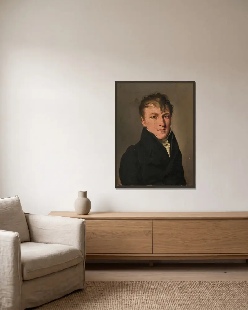 Porträtt av en ung man i svart kostym av Louis-Léopold Boilly inramad på en vägg