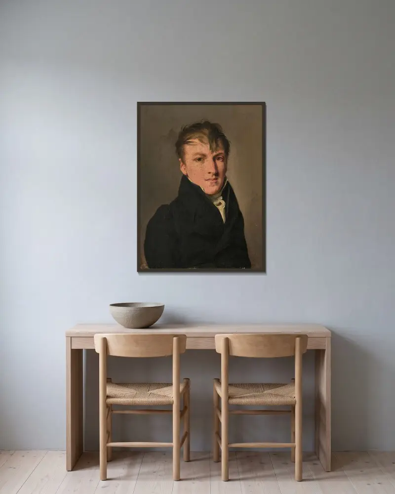 Porträtt av en ung man i svart kostym av Louis-Léopold Boilly inramad på en vägg