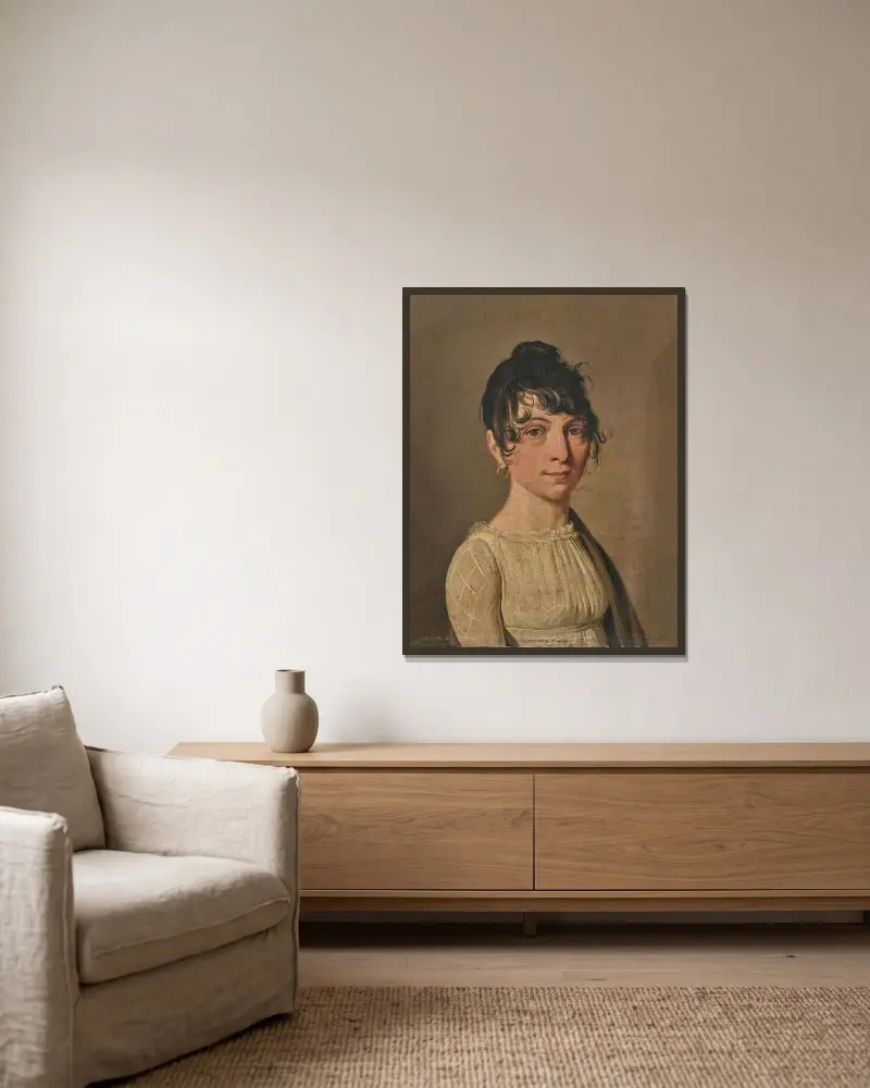 Porträtt av ung kvinna i vit klänning av Louis-Léopold Boilly inramad på en vägg