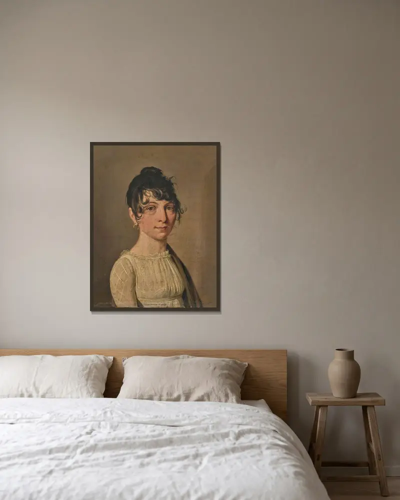 Porträtt av ung kvinna i vit klänning av Louis-Léopold Boilly inramad på en vägg