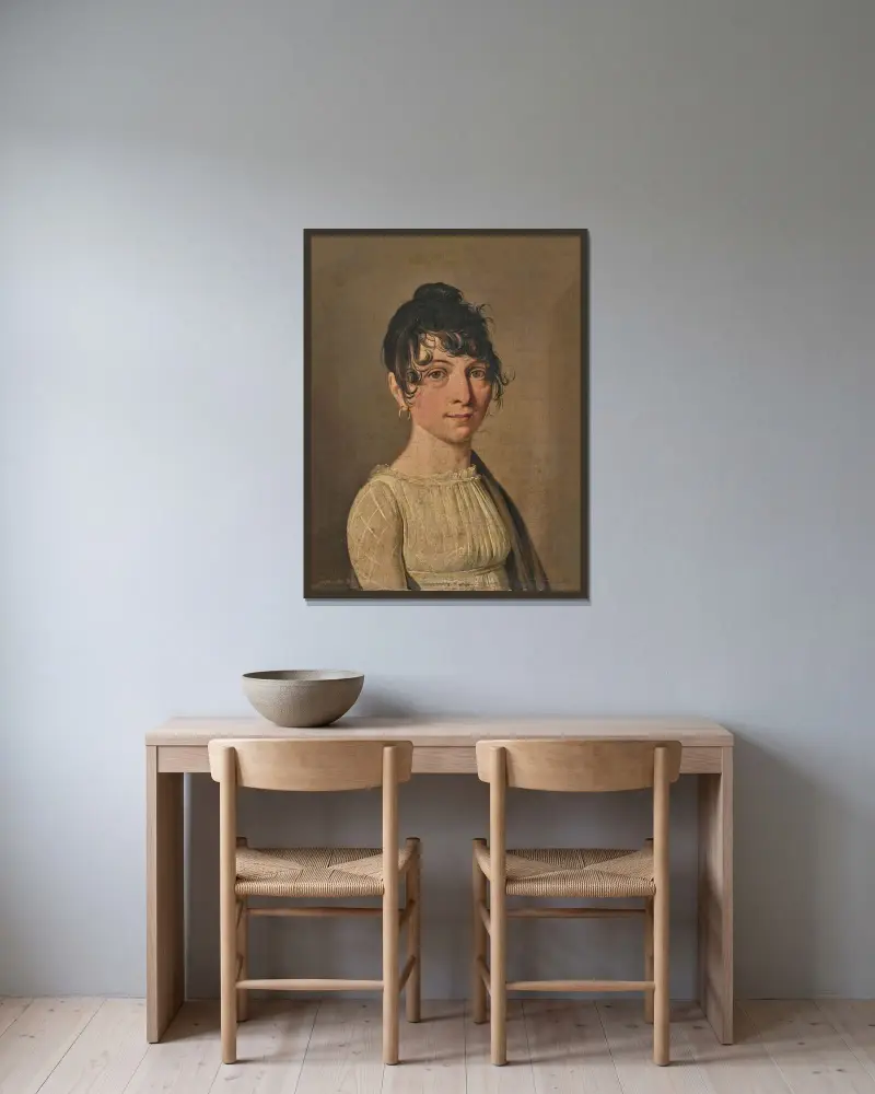Porträtt av ung kvinna i vit klänning av Louis-Léopold Boilly inramad på en vägg