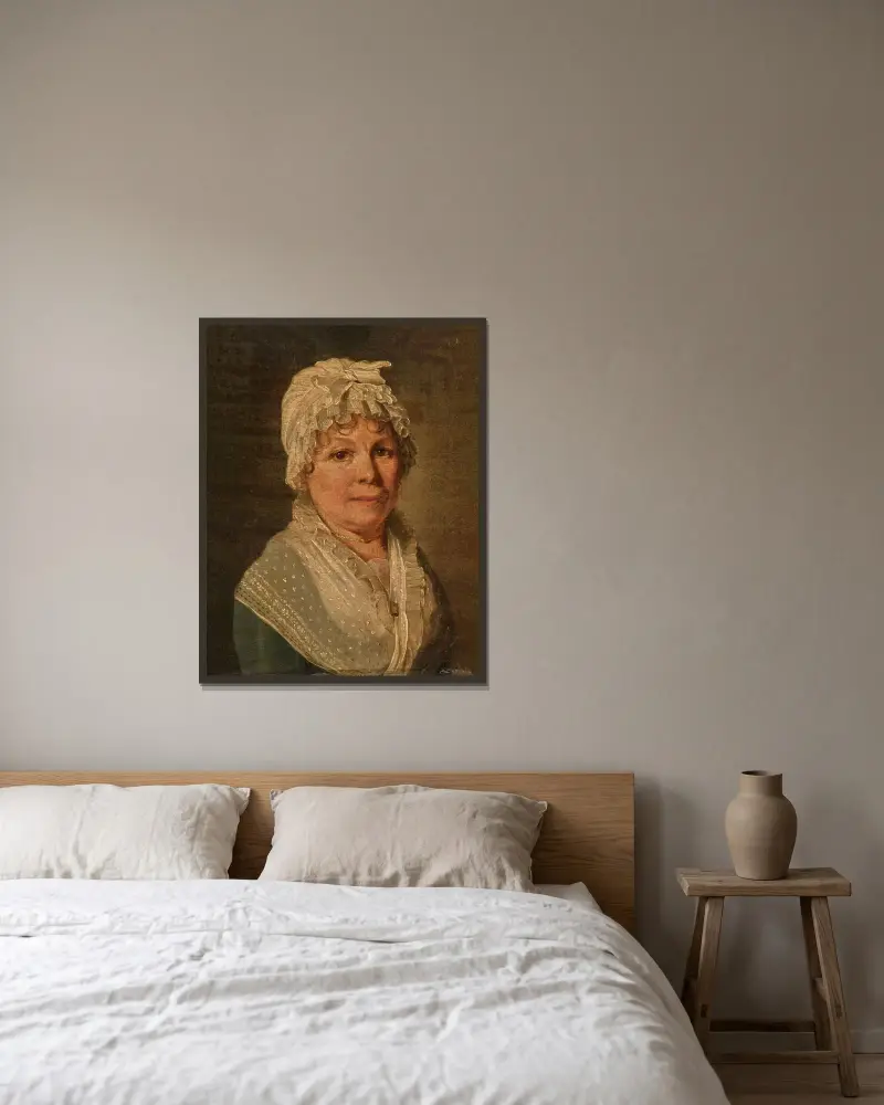 Porträtt av äldre kvinna i spetsmössa av Louis-Léopold Boilly inramad på en vägg