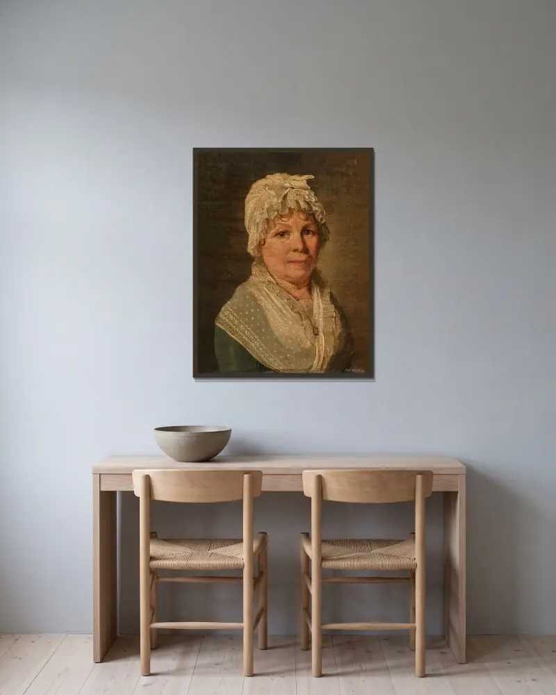 Porträtt av äldre kvinna i spetsmössa av Louis-Léopold Boilly inramad på en vägg