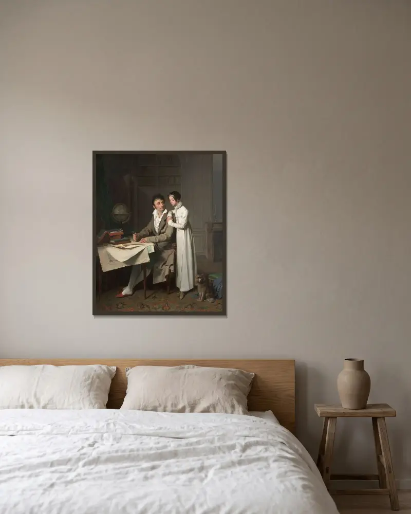 Lekcja geografii (Portret pana Gaudry'ego i jego córki), Louis-Léopold Boilly w ramie na ścianie