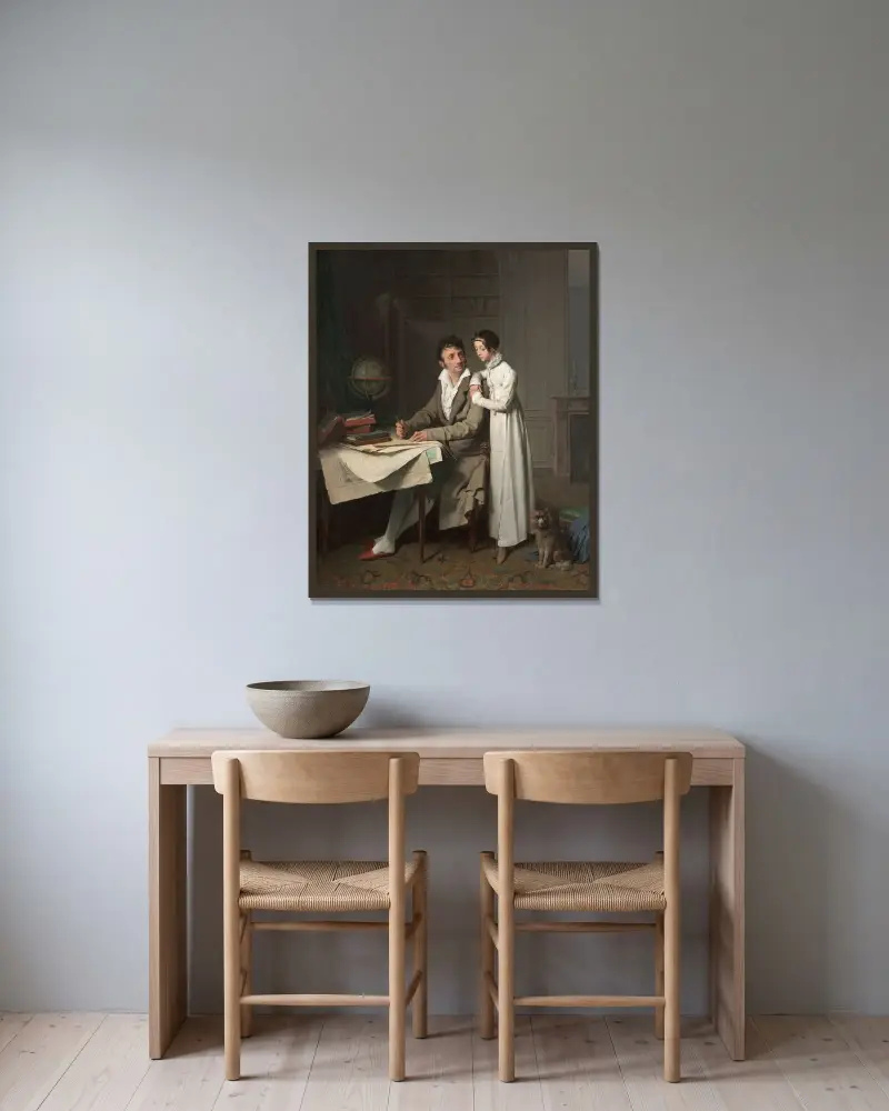Lekcja geografii (Portret pana Gaudry'ego i jego córki), Louis-Léopold Boilly w ramie na ścianie