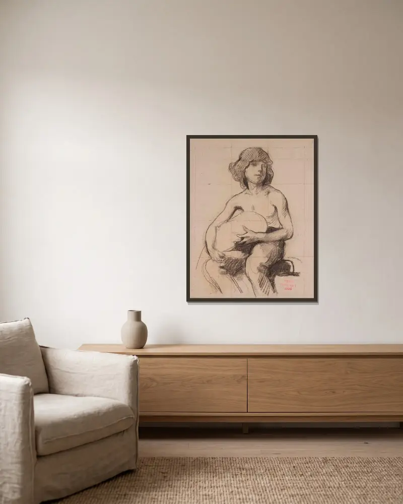 Studie eines sitzenden jungen Mannes, etwas in den Händen haltend von Henri Leopold Lévy gerahmt an einer Wand
