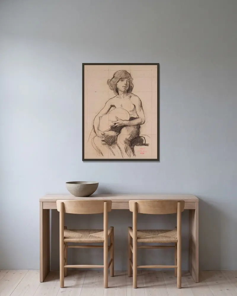 Studie eines sitzenden jungen Mannes, etwas in den Händen haltend von Henri Leopold Lévy gerahmt an einer Wand