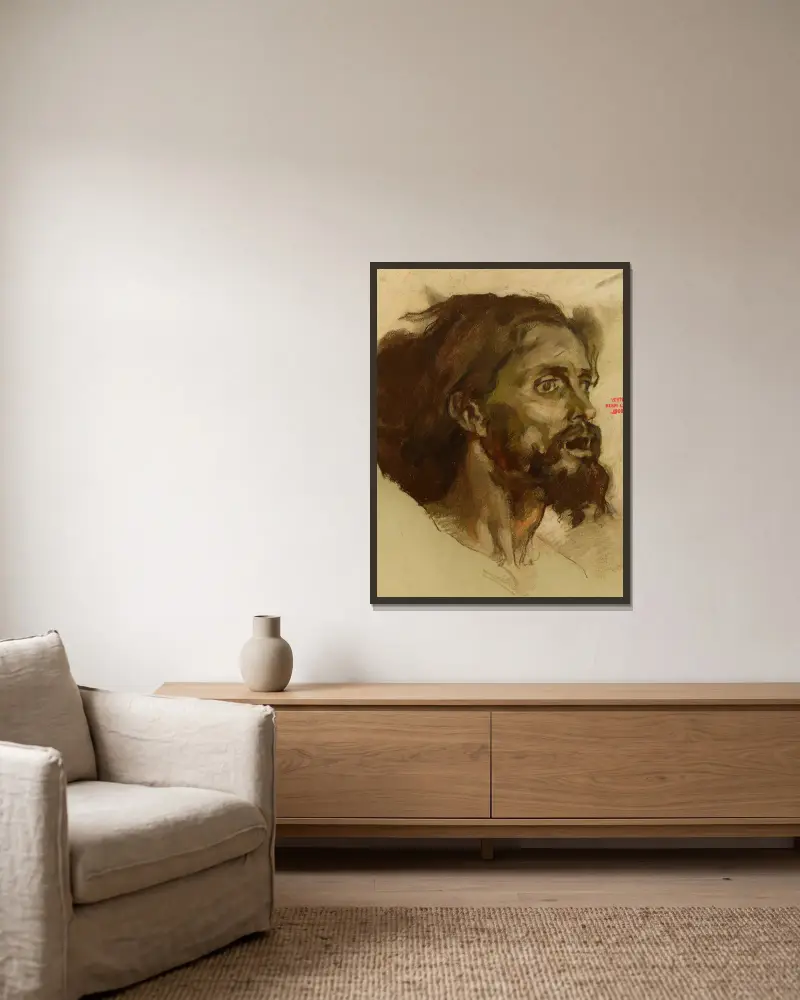 Etude pour un visage d’homme barbu av Henri Leopold Lévy inramad på en vägg