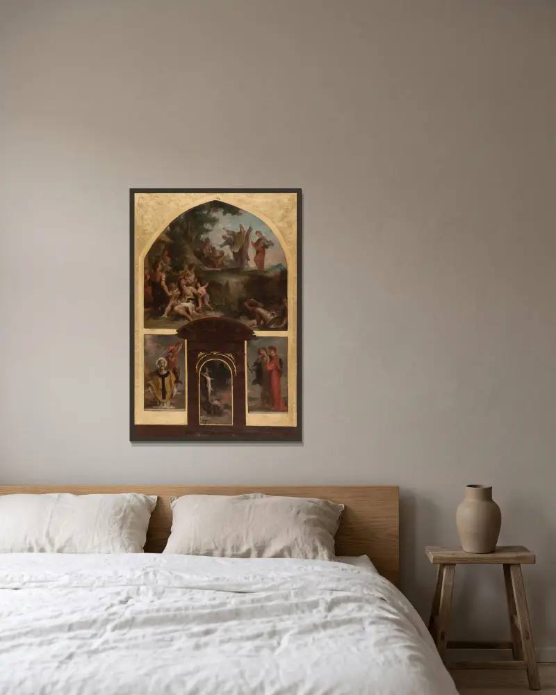 Prédication de saint Denis et conversion des Gaulois. Décollation de saint Denis. Christ en croix. Saint Rustique et saint Eleuthère. av Henri Leopold Lévy inramad på en vägg