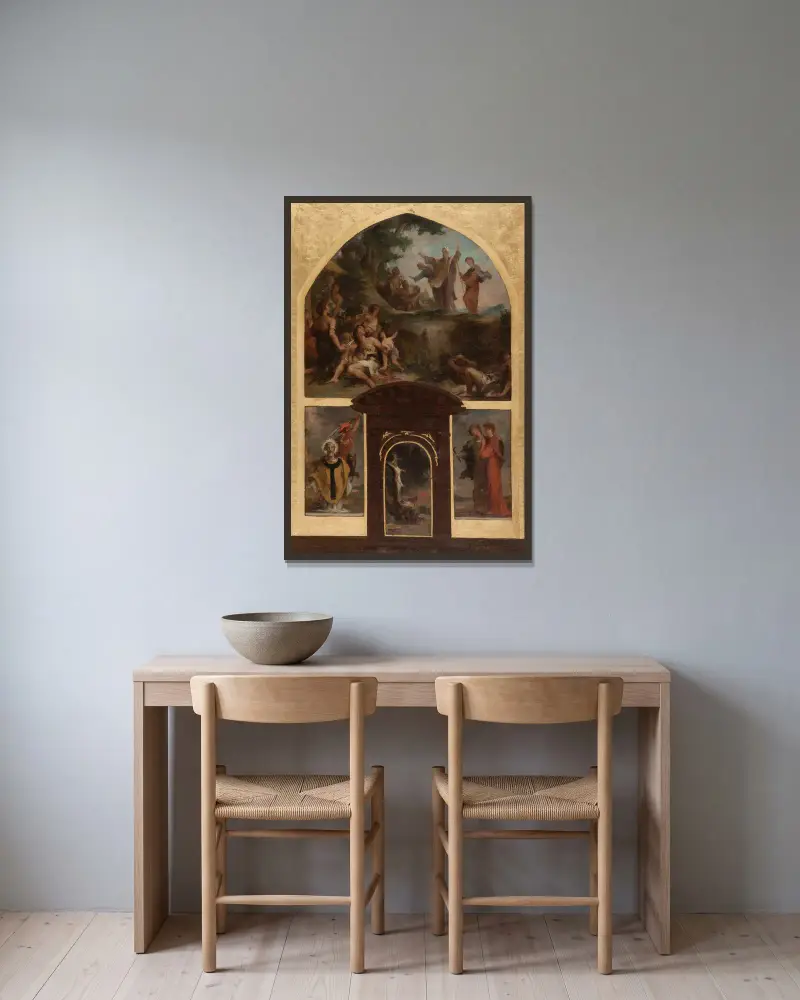 Prédication de saint Denis et conversion des Gaulois. Décollation de saint Denis. Christ en croix. Saint Rustique et saint Eleuthère. av Henri Leopold Lévy inramad på en vägg