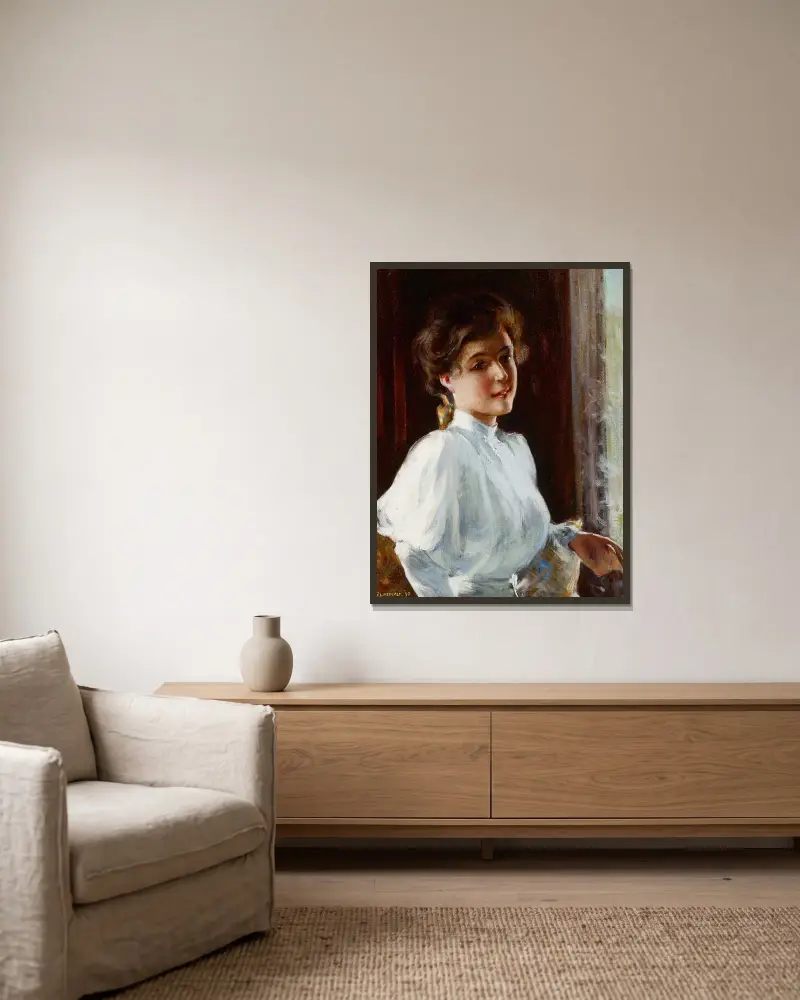 A Young Girl av Willard Leroy Metcalf inramad på en vägg