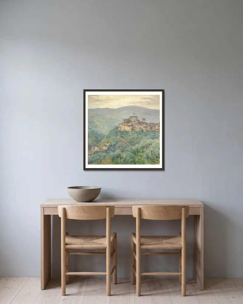 Pelago-Tuscany av Willard Leroy Metcalf inramad på en vägg