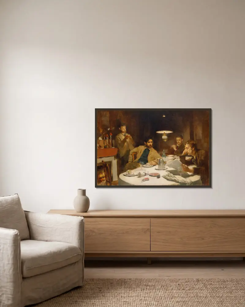 Das Zehn-Cent-Frühstück von Willard Leroy Metcalf gerahmt an einer Wand