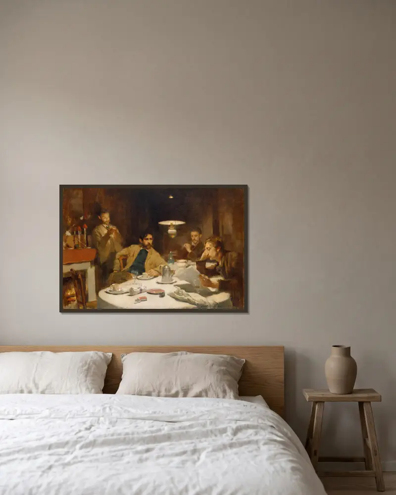 Das Zehn-Cent-Frühstück von Willard Leroy Metcalf gerahmt an einer Wand