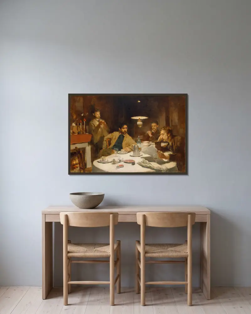 Das Zehn-Cent-Frühstück von Willard Leroy Metcalf gerahmt an einer Wand