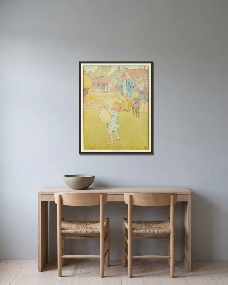 Liten pojke som bär en säck ull av Leonard Leslie Brooke inramad på en vägg