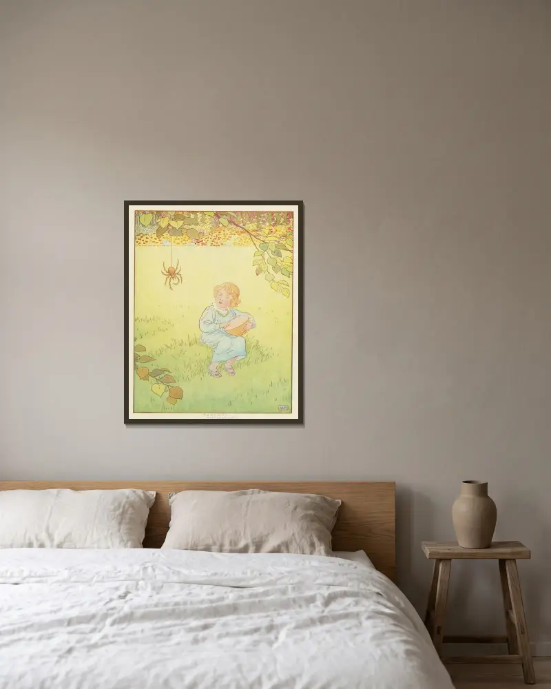 Lilla fröken Muffet av Leonard Leslie Brooke inramad på en vägg