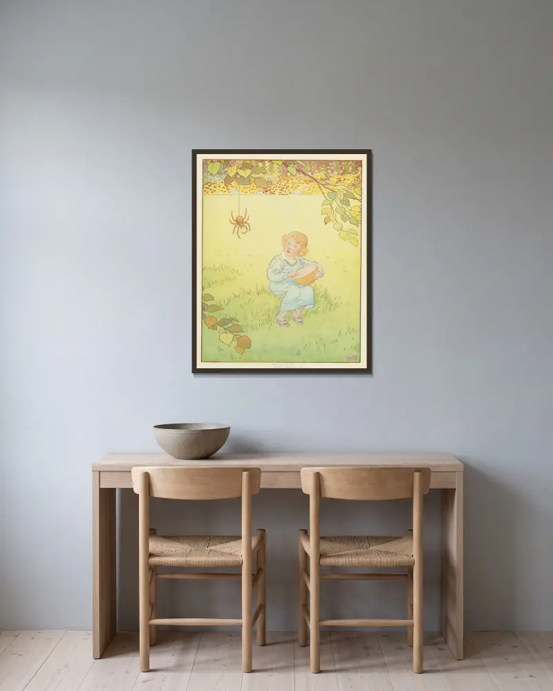 Lilla fröken Muffet av Leonard Leslie Brooke inramad på en vägg