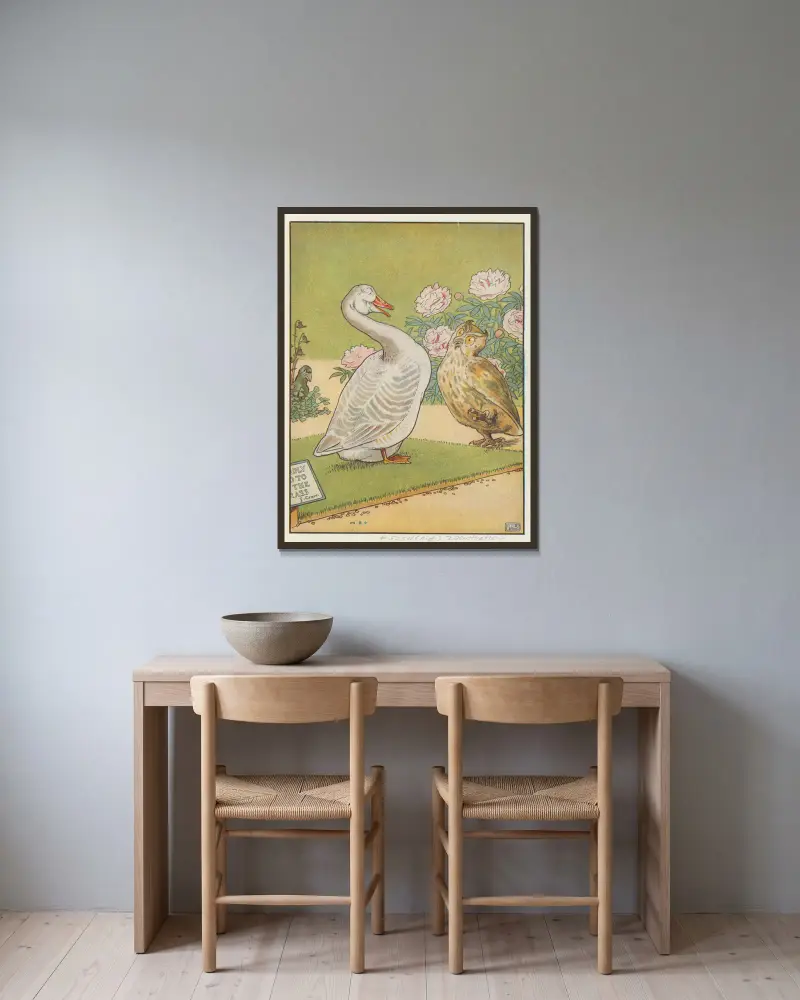 Eule und Gans im Gespräch von Leonard Leslie Brooke gerahmt an einer Wand