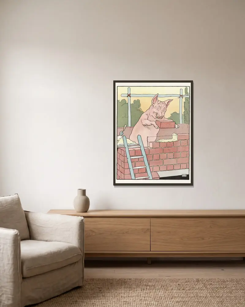 Pig builds his brick house av Leonard Leslie Brooke inramad på en vägg