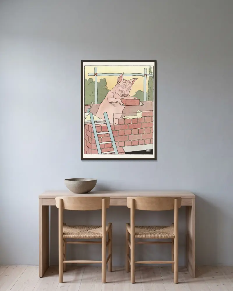 Pig builds his brick house av Leonard Leslie Brooke inramad på en vägg
