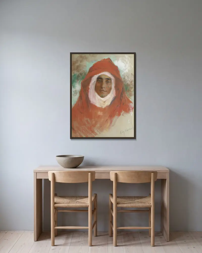 Portrait de jeune femme av Lucien Lévy-Dhurmer inramad på en vägg