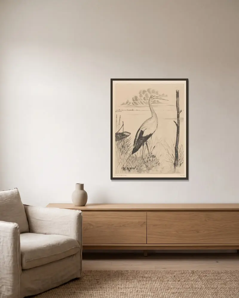 Storch am Ufer von Lodewijk Schelfhout gerahmt an einer Wand