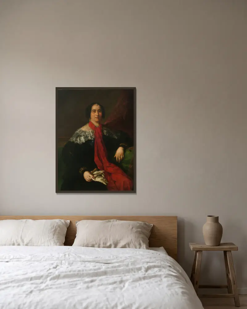 Spanische Dame (Bildnis einer unbekannten Dame) von Vicente López Portaña gerahmt an einer Wand