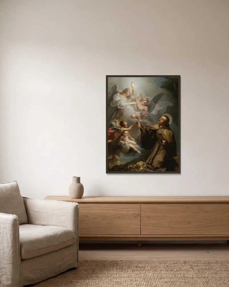 The Apparition Of The Eucharist To San Pascual Bailon av Vicente López Portaña inramad på en vägg