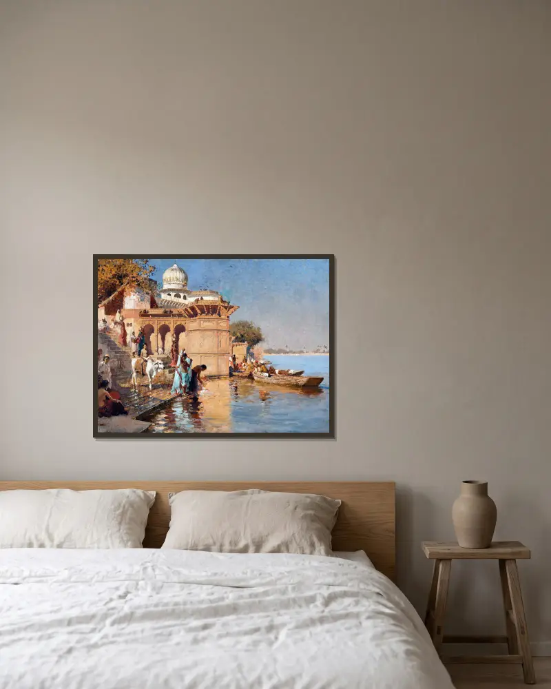 An den Ghats, Mathura von Edwin Lord Weeks gerahmt an einer Wand