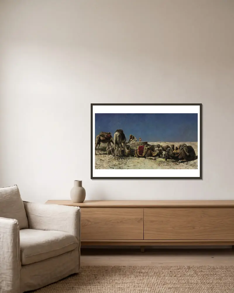 Kamele an einer Zisterne von Edwin Lord Weeks gerahmt an einer Wand