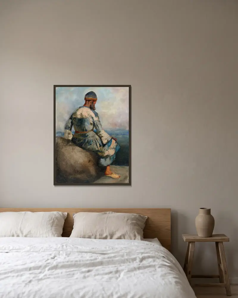 Persisk bonde sittande på en klippa av Edwin Lord Weeks inramad på en vägg