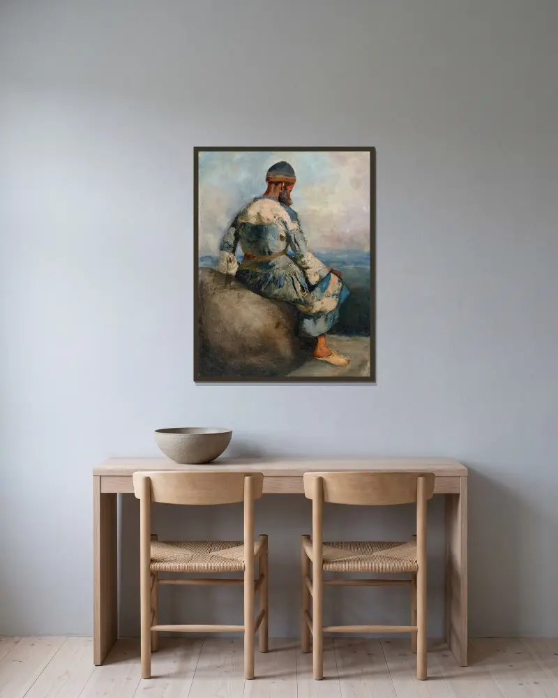 Persisk bonde sittande på en klippa av Edwin Lord Weeks inramad på en vägg