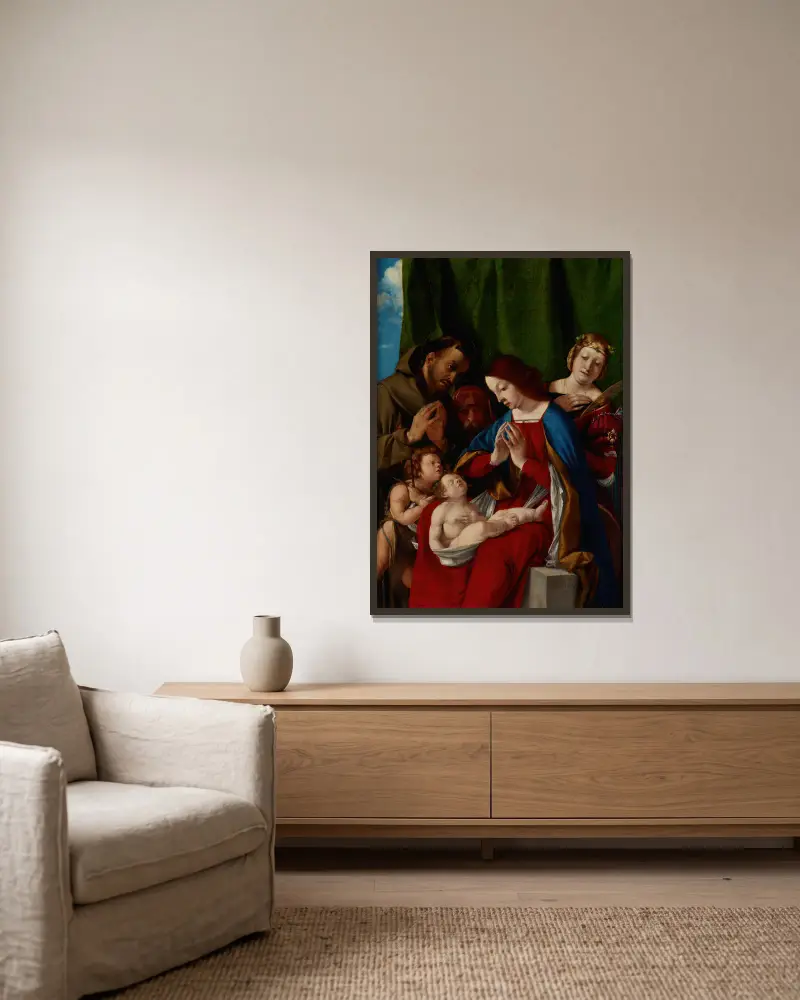 Madonna and Child with the Saints John the Baptist, Francis of Assisi, Joseph and Catherine of Alexandria av Lorenzo Lotto inramad på en vägg