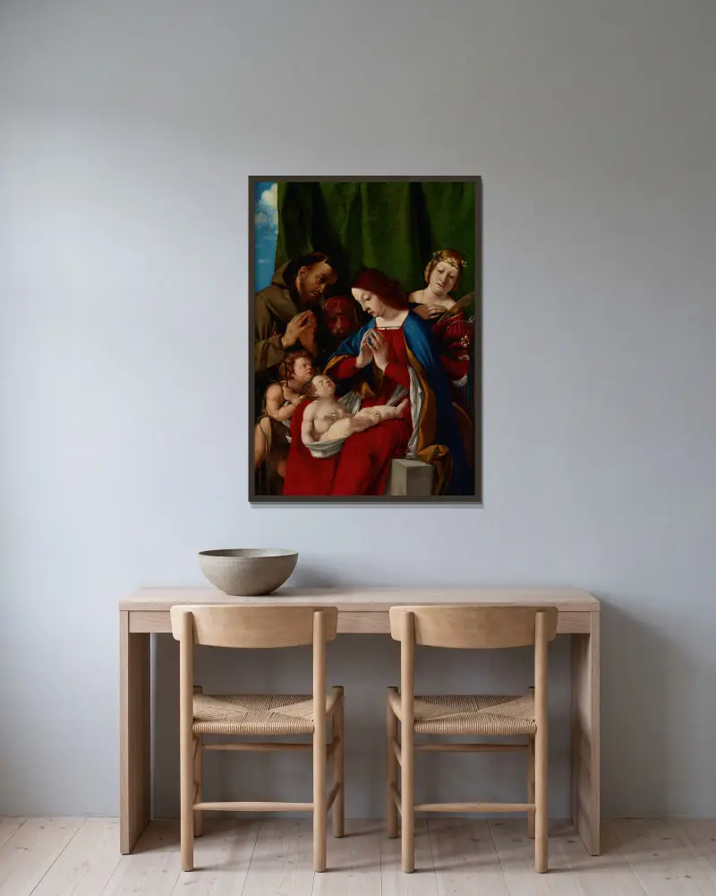 Madonna and Child with the Saints John the Baptist, Francis of Assisi, Joseph and Catherine of Alexandria av Lorenzo Lotto inramad på en vägg