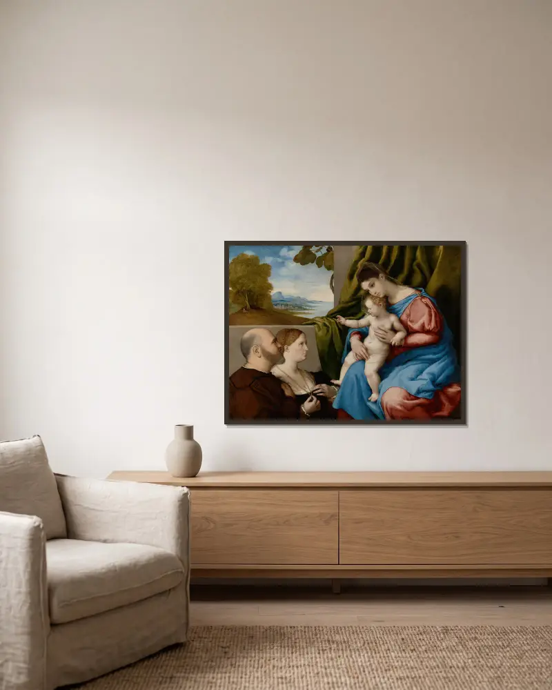Madonna and Child with Two Donors av Lorenzo Lotto inramad på en vägg