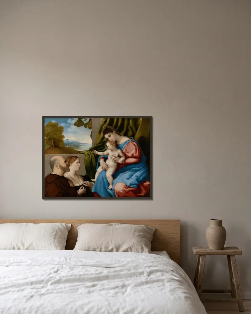 Madonna and Child with Two Donors av Lorenzo Lotto inramad på en vägg